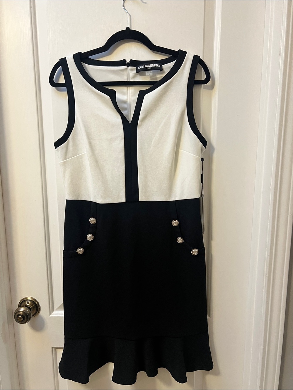 Karl Lagerfeld Black and White Colorblock Sleeveless Dress with Button Detail